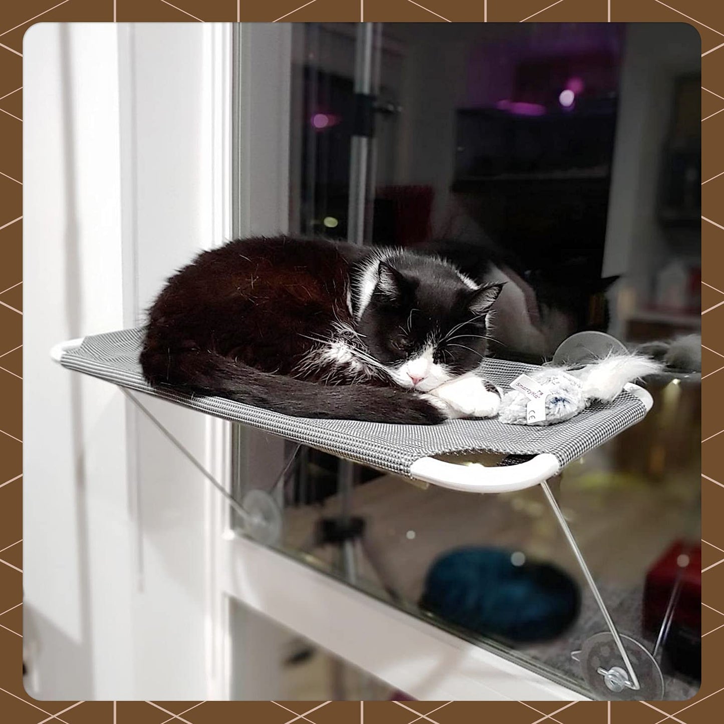 LSAIFATER All Around 360° Sunbath and Lower Support Safety Iron Cat Window Perch, Cat Hammock Window Seat for Any Cats (L, Brown)