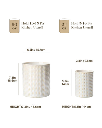 MALACASA LYDIA Ceramic Utensil Holders, 7.3"+5.5" Kitchen Utensil Crock Set for Countertop, Large & Small Utensil Organizers for Cooking Tools, Rhombus Pattern