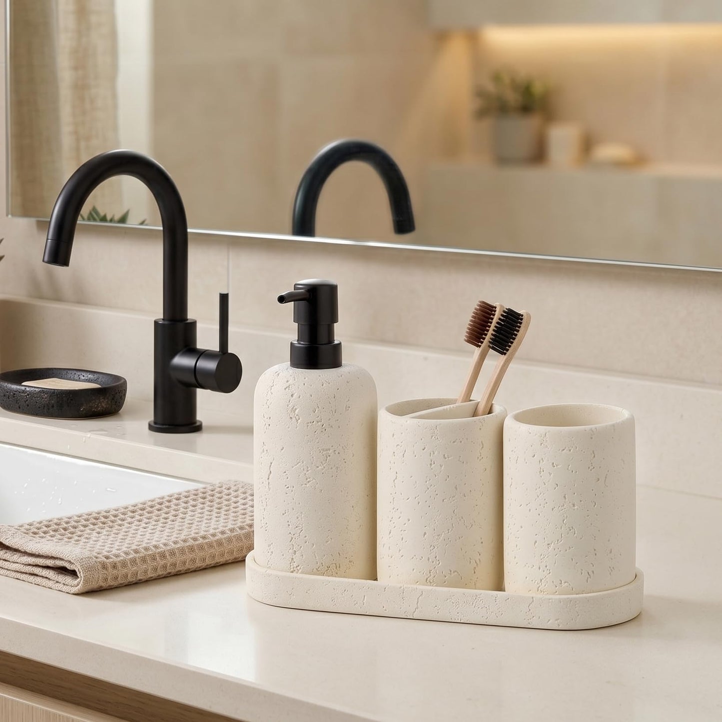 WUUAHOME Bathroom Accessories Set, 4 Piece Travertine Stone Look Collection, Modern Bath Organizer with Soap Dispenser, Toothbrush Holder, Tumbler, Vanity Tray for Countertop Kitchen Sink (Off White)