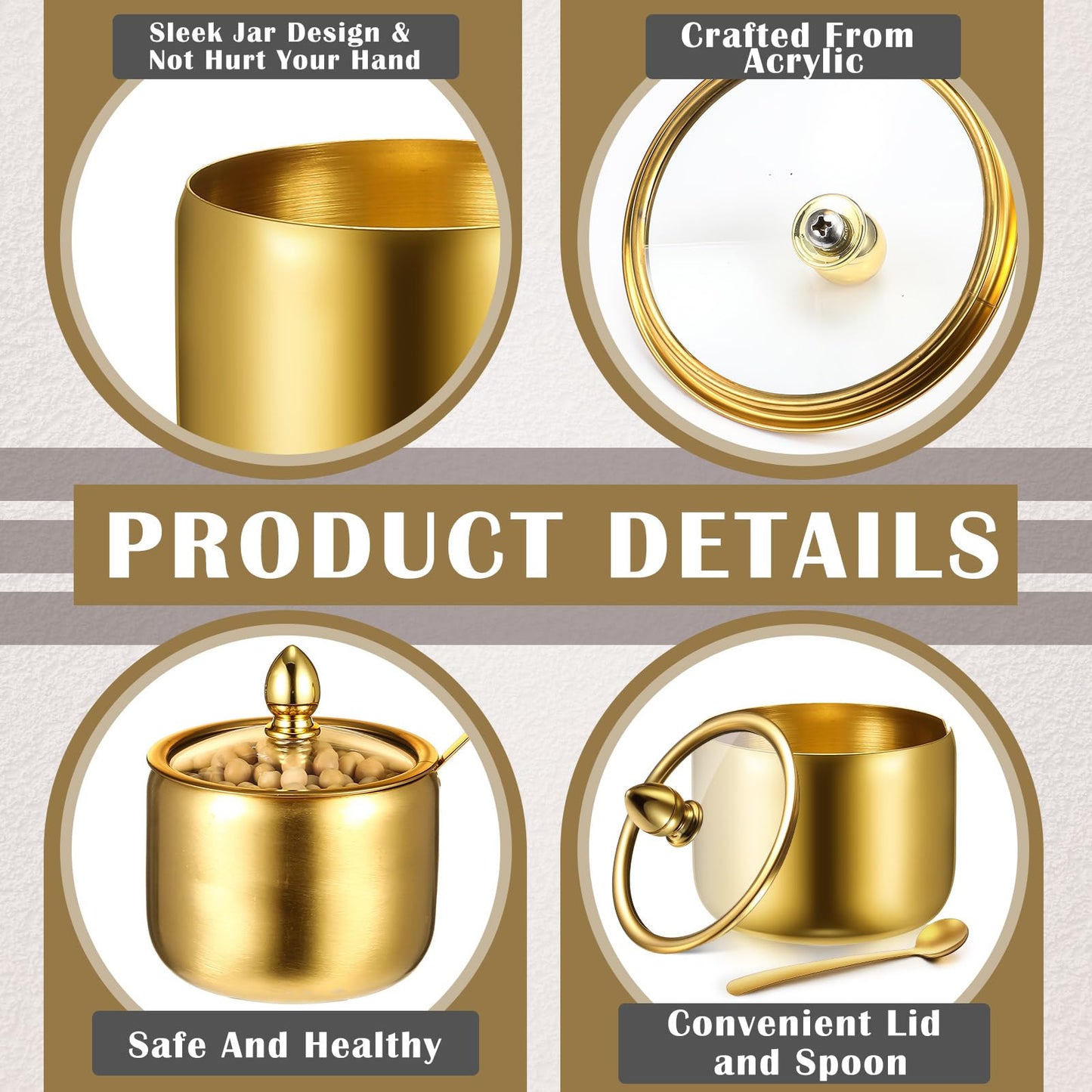 Baderke 4 Pcs 9.8 oz Stainless Steel Sugar Bowl Sugar Container Condiment Dispenser with Lid and Spoon with Tag for Spice Coffee Tea Pepper Herbs(Gold)