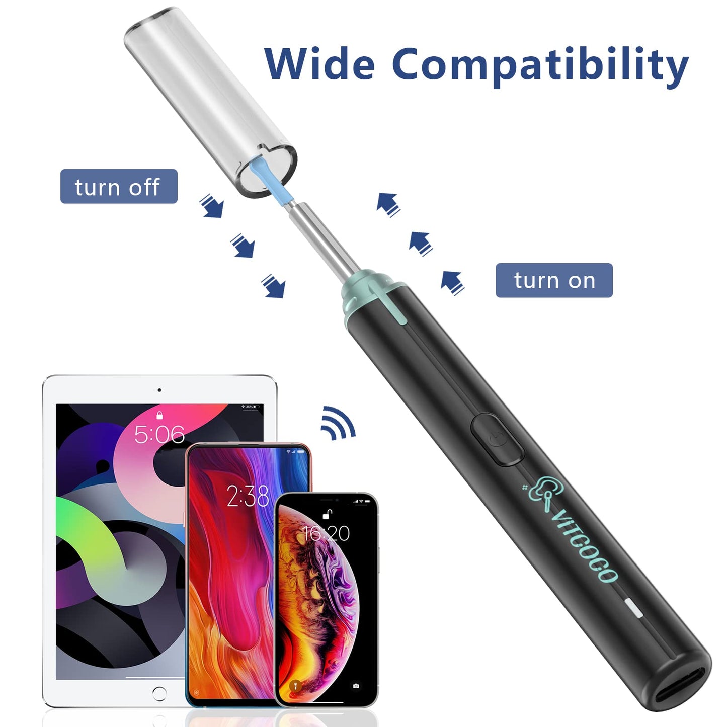 VITCOCO Ear Wax Removal Kit Ear Camera 1920P FHD Wireless Ear Cleaner Ear Wax Remover with 8 PCS Ear Spoon, 3.9mm Waterproof Ear Wax Removal Kit for iPhone, Ipad & Android Smart Phones, Black