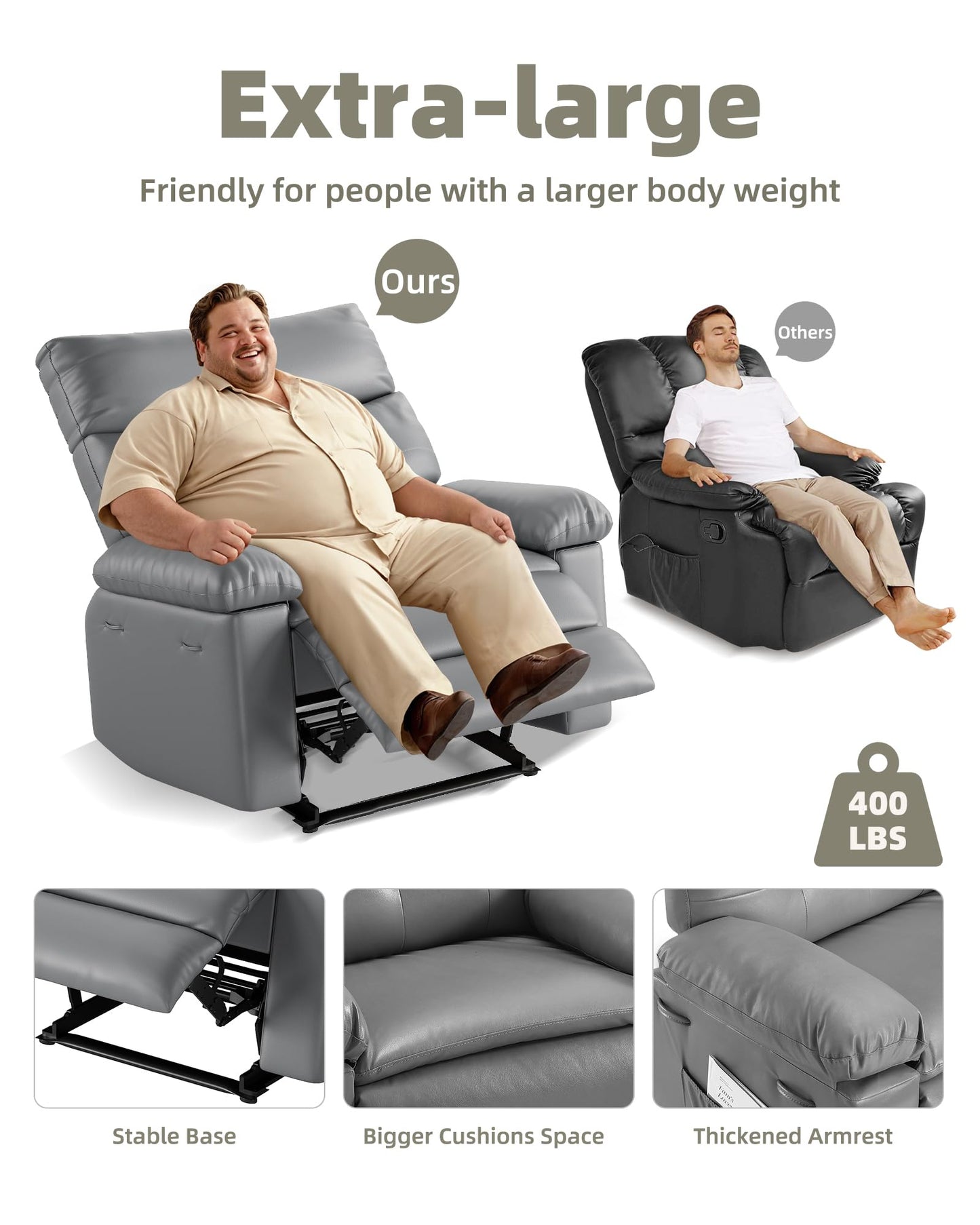 GarveeHome Oversized Recliner Chair - Faux PU Leather Manual Recliner for Adults, Lazy Chair with 1.5X Sponge Comfort Arm and Back for Living Room, Bedroom