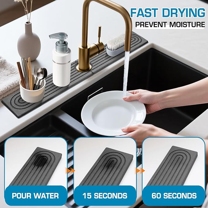 Faucet Mat for Kitchen Sink, Diatomite Quick Drying Tray, Long 23.6'' Kitchen