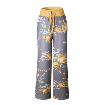 iChunhua Women's Comfy Stretch Floral Print Drawstring Palazzo Wide Leg Lounge Pants(XL,Yellow)