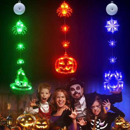 suddus 3 Pack Halloween Lights Battery Operated with Timer, Orange Pumpkin Violet Spider Green Witch Hat Halloween Window Lights with Suction Cup for Home Indoor Party Decor