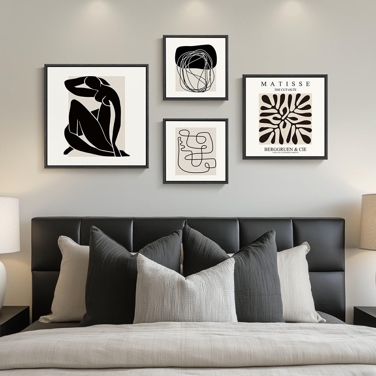 Framed Matisse Abstract Wall Art for Living Room, Set of 4 Piece Black and White Modern Canvas Artworks, Mid Century Neutral Beige Minimalist Painting Prints for Bedroom Hallway Office Wall Decor