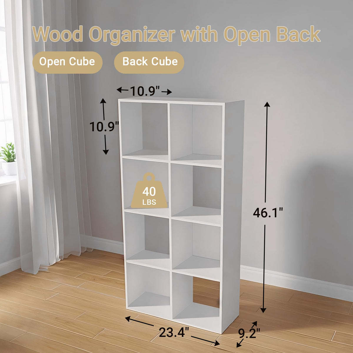 NewBeth 8-Cube Bookshelf, Tall Open Back Storage Shelves, Heavy Duty Wood Cubby Organizer for Small Spaces, Dorm Room Apartment Office, Unit for Book Toy Record Player Display (White, 8-Cube)