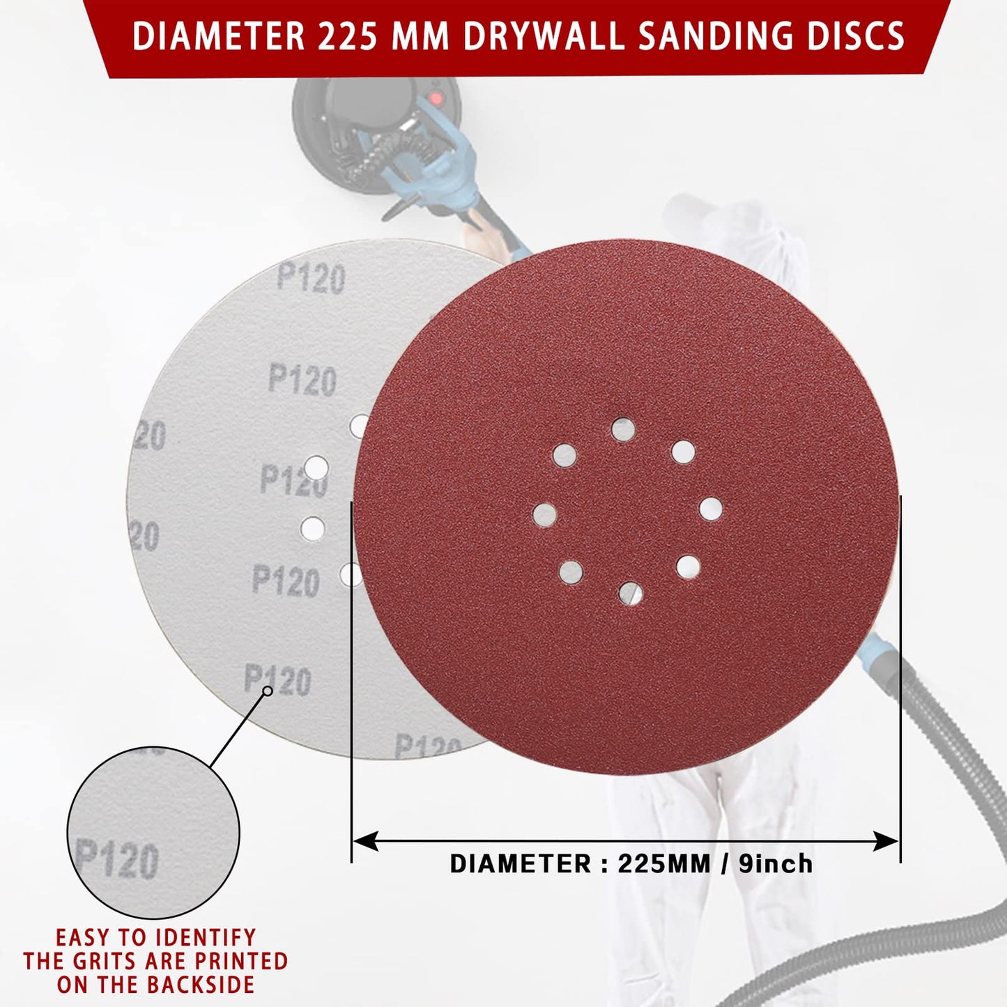 STEBRUAM 225 mm Sanding Discs 120 Grit, 30 Pieces Orbital Sander Discs 9 inch 225 mm large Hook and Loop Sanding Discs 8 Holes Round Sandpaper Sheet for Grinding Giraffe, Drywall Sander Sanding Pads