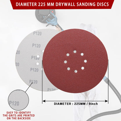 STEBRUAM 225 mm Sanding Discs 120 Grit, 30 Pieces Orbital Sander Discs 9 inch 225 mm large Hook and Loop Sanding Discs 8 Holes Round Sandpaper Sheet for Grinding Giraffe, Drywall Sander Sanding Pads