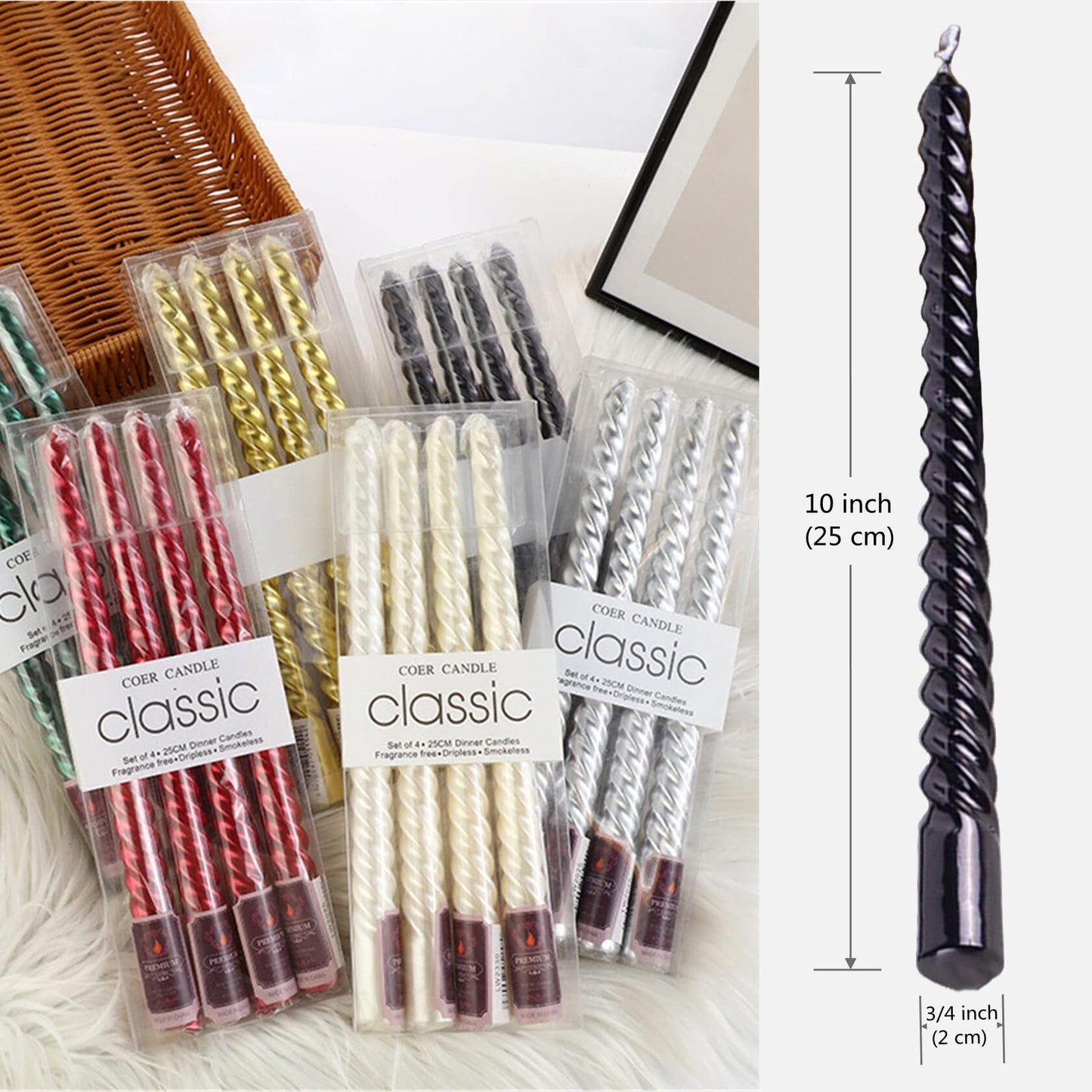 SEVEN LUCKY LIGHT Halloween Candles,10 inches Spiral Design Black Taper Candles Set of 4,Metal Style Ture Dripless Candlesticks,Clean Burning Candle Sticks