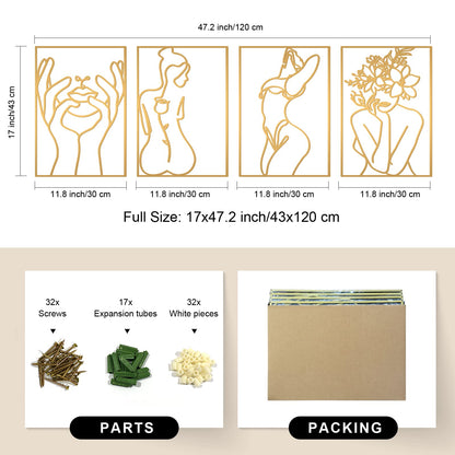 Glamativity 4 Pack Gold Wall Art Decor, Minimalist Single Line Real Metal Wall Art, Woman's Body Shape Abstract Wall Art (Gold Classic Style, 17 x 11.8'')