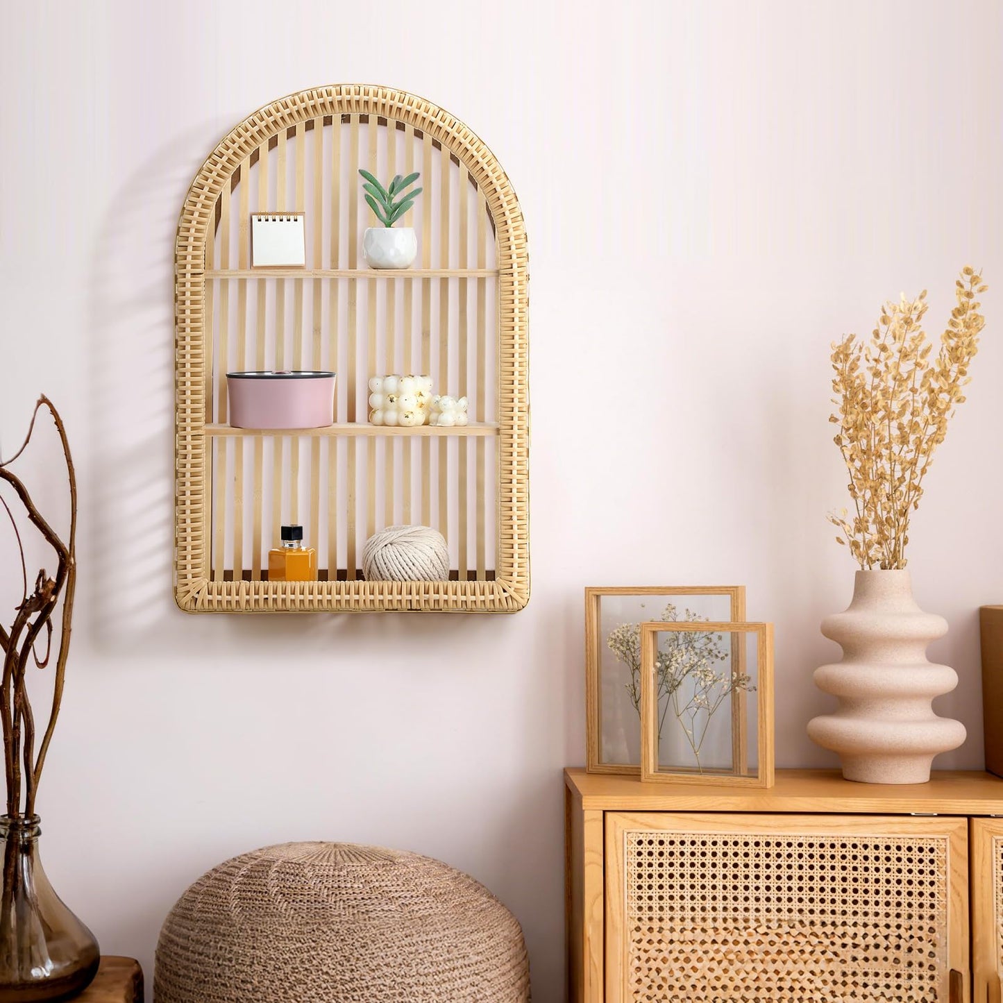 Vercraft Rattan Wall Shelf 3 Tier Boho Wall Mounted Shelf 23.62" x 15.75" Farmhouse Handcraft Bamboo Arched Floating Shelves for Living Room Home Bedroom Storage Decor