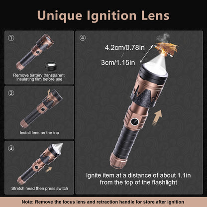 SKYFIRE Rechargeable Flashlight High Lumens with Ignition Lens,5000mAh Fire-Starting Tactical Flashlight,Emergency Survival Gear for Camping Outdoor,6Modes Waterproof Zoomable Small Flash Light