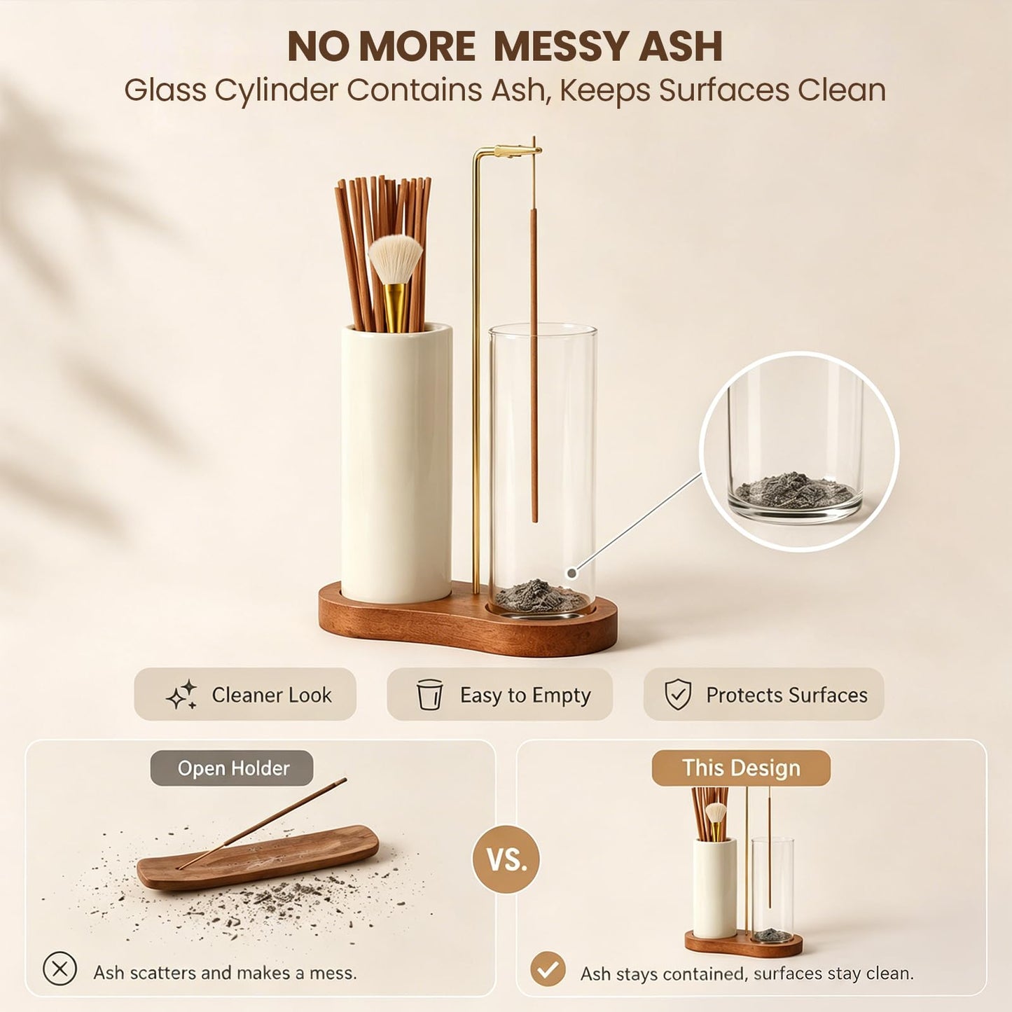 2 in 1 Incense Holder with Glass Ash Catcher, Ceramic Storage Jar, 25 Incense Sticks & Ash Brush, Ideal for Meditation, Yoga, Spa & Home Decor