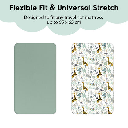Yoofoss Cozy & Breathable Travel Cot Mattress Sheets - 95 x 65cm Fitted Sheet 2 Pack Green Giraffes