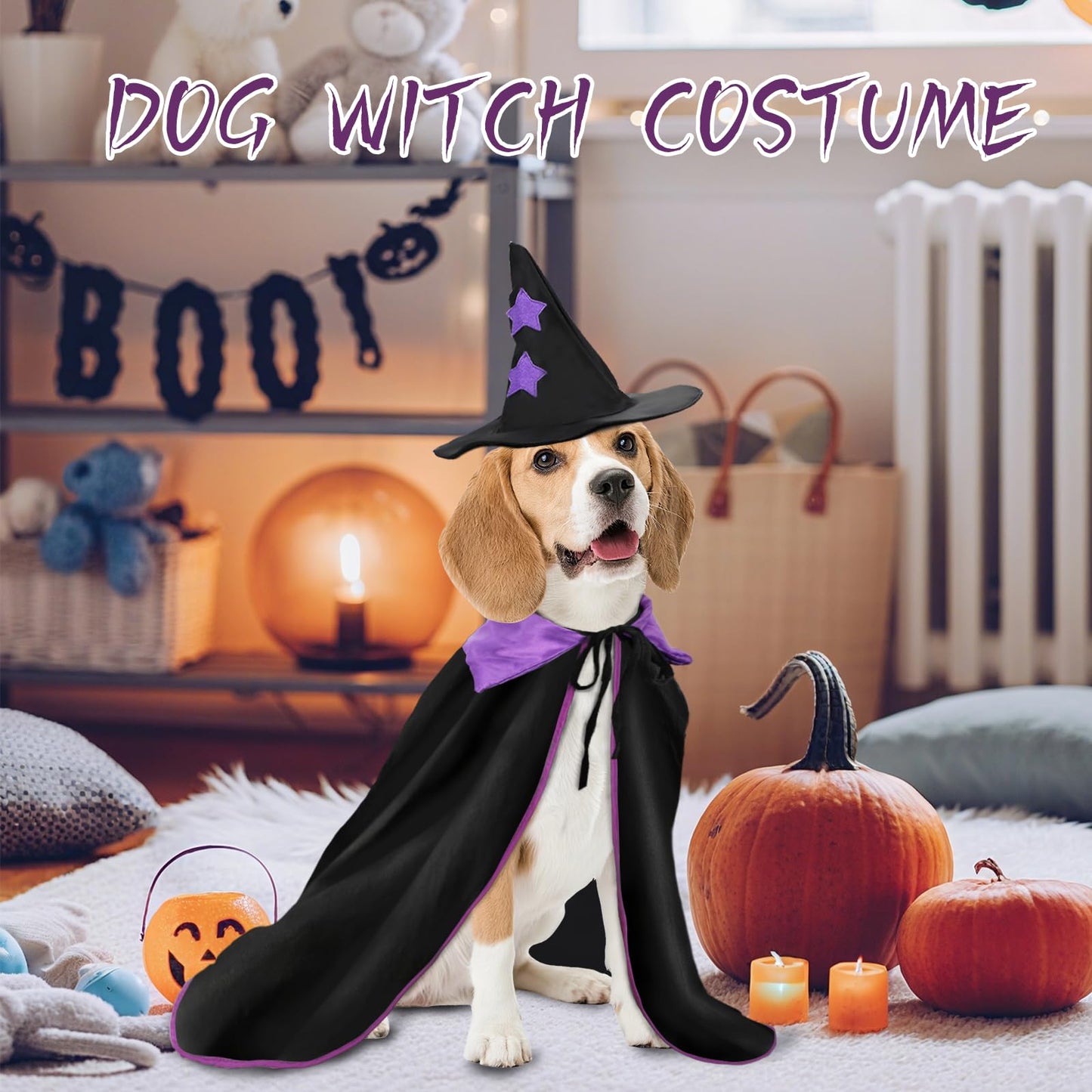 Rypet Halloween Dog Witch Costume, Dog Halloween Costumes Set with Cloak and Star Hat, Dogs Witches Cape for Large and Medium Dogs, Pet Outfit for Halloween Party Magician and Witch Cosplay XL