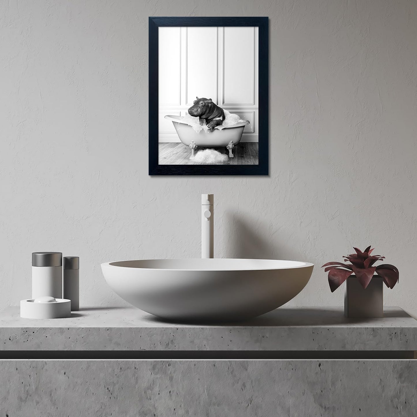 Bathroom Picture Wall Decor, Framed Black and White Bathroom Wall Art, Toilet Paper in Little Funny Raccoon's Hand Animal Canvas Print Painting