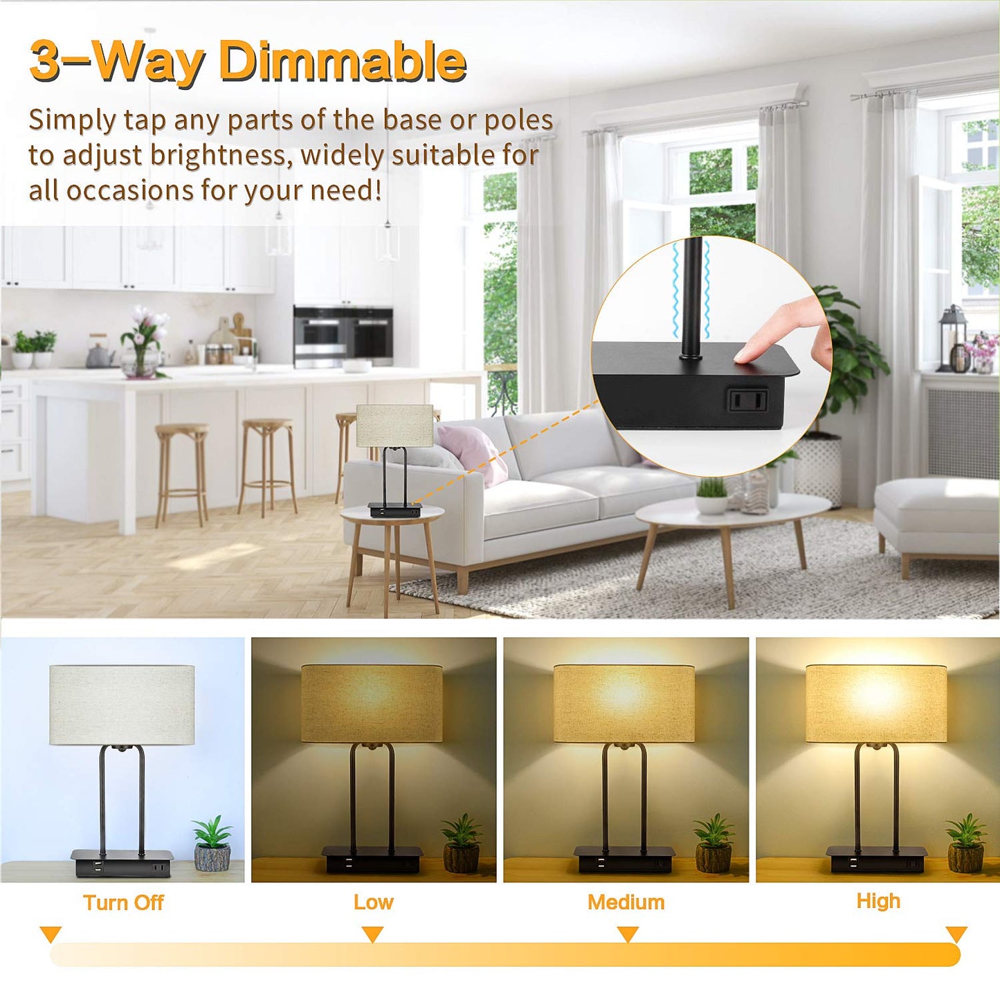 3-Way Dimmable Touch Control Table Lamp with 2 USB Ports and AC Power Outlet Modern Bedside Nightstand Lamp Fabric Shade and Metal Base for Guestroom Bedroom Living Room LED Bulb Included Warm White