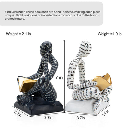 Heavy Duty Book Ends for Shelves, Thinker Decorative Bookends for Heavy Books, Unique Book Stoppers to Hold Book, Bookshelf Accessories, Modern Home Office Decor Aesthetic Black & White