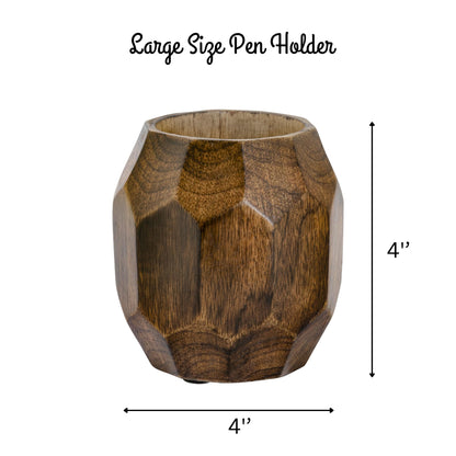 Mie Creations Geometric Wooden Pencil Holder for Desk Table | Wood Pen Cup Stand for Office, Cute Desktop Organizer for Makeup Brushes, Stationery Decor | Rustic Christmas Holiday Gifts- Brown 4''
