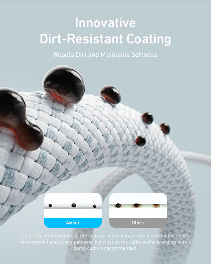 Anker Zolo USB C to USB C Cable, Braided and Dirt-Free Type-C Fast Charging Cable, Slim Connector, for iPhone 17 Series, MacBook (240W) (White, 3.3 FT)
