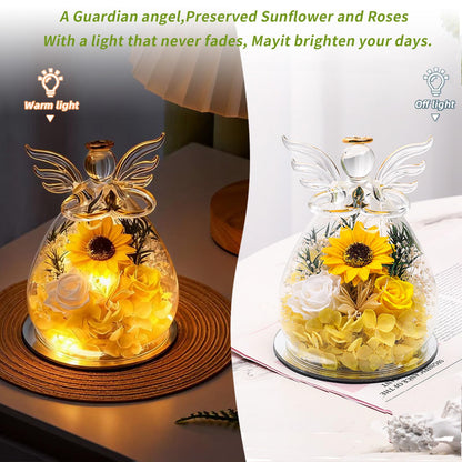 Angel Glass Dome with LED Lights, Preserved Sunflower and Rose Arrangement, Crystal Wings Topper,for Mother's Day,Valentine's Day,Birthday,for Indoor,for You to Send Love for All Occasions