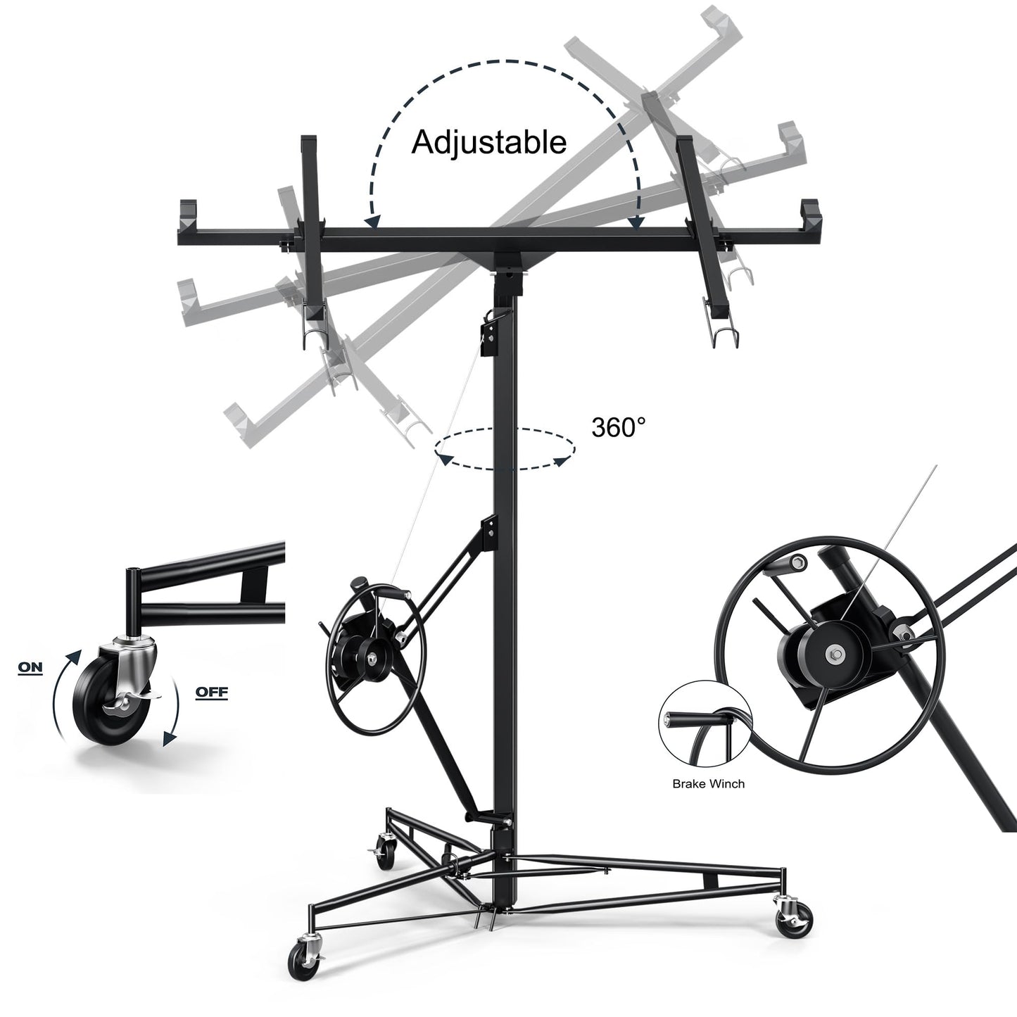 Drywall Lift 16 Ft,Drywall Rolling Lifter Panel,150LBS Heavy Duty Sheetrock Hoist Panel Hoist Jack With 360° Adjustable Telescopic Arm & 3 Lockable Wheels