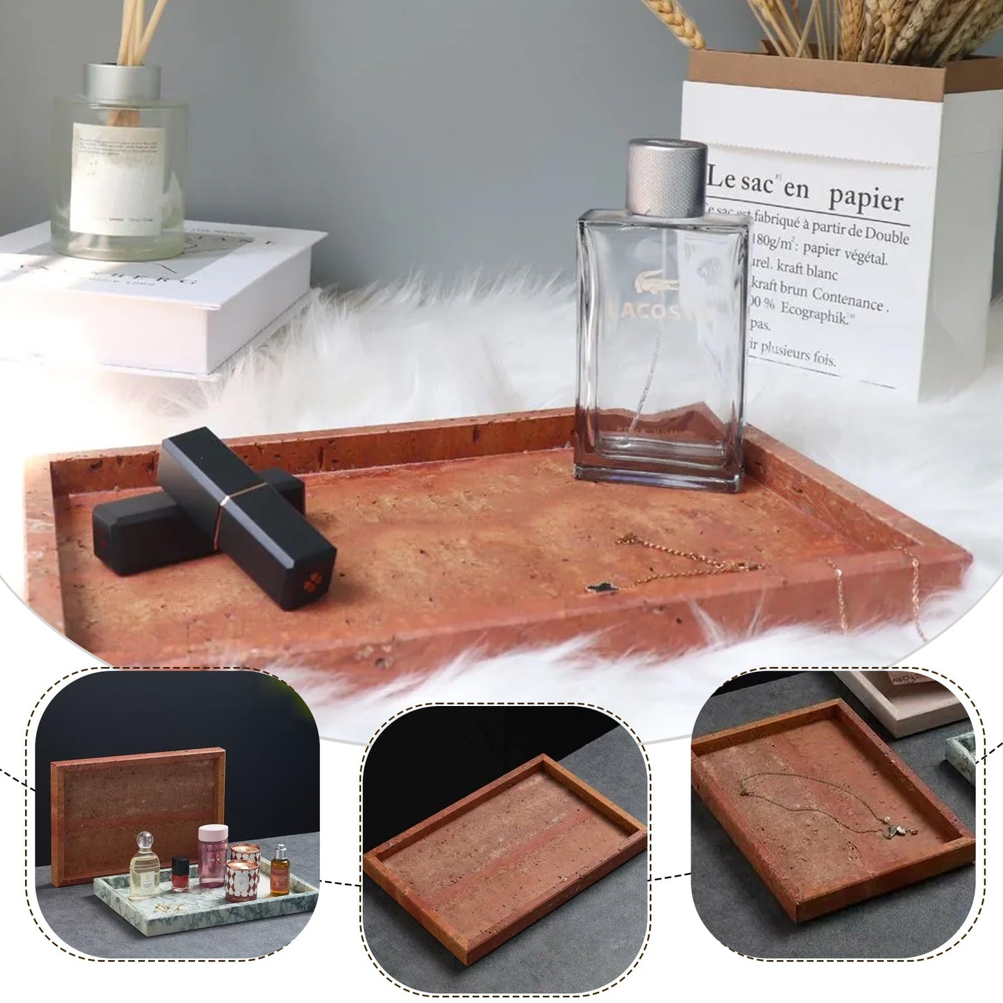 Natural Marble Tray, Stone Tray for Bedroom/Bathroom/Kitchen/Vanity Countertop, Jewelry Tray for Rings Earrings Necklace Bracelet Watch, Room Decor Aesthetic