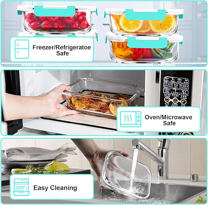 VERONES 5 Pack 36 OZ Glass Meal Prep Containers, Airtight Glass Lunch