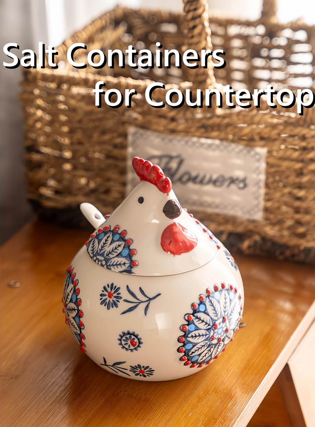 Frezonika Ceramic Salt Cellar with Lid and Spoon, 13 OZ Large Chicken Salt Jar, Salt Holder for Counter, Coffee, Sugar, Spices and Candies, Salt Containers for Countertop (Blue)