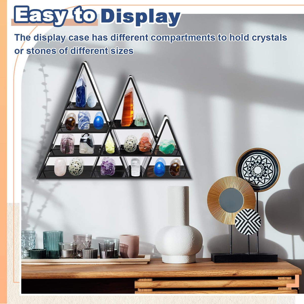 Cinnvoice Rock Display Case Adjustable 11 Grids Acrylic Display Case with Mirrored Crystal Organizer for Collectible, Crystal, Stones, Wall Mountable, Magnetic Door(Black Border, Mountain Style)