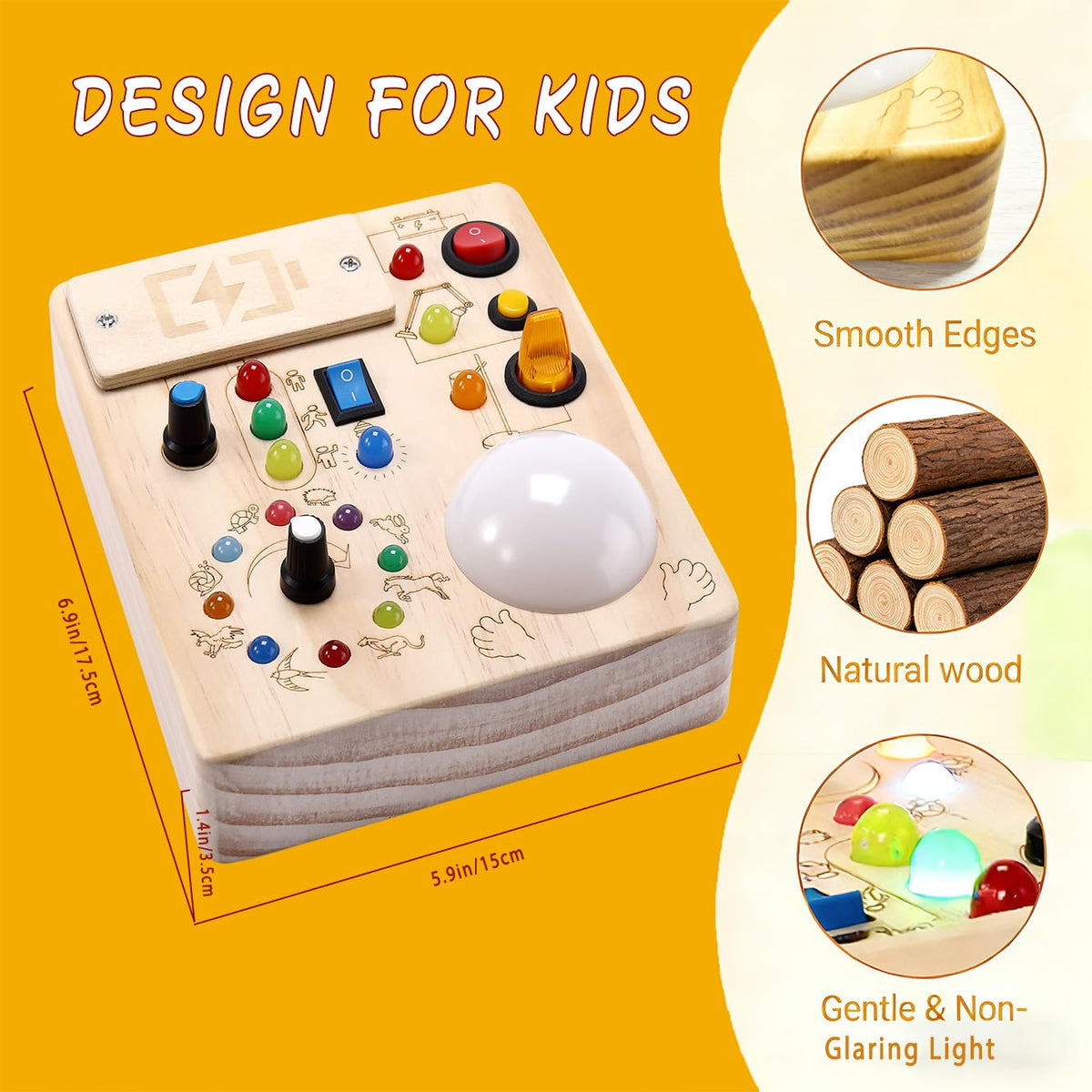 IRUPEN Montessori Busy Board for Toddlers 1-3 Year Old, Sensory Activity Toys for Baby Aged 1 2 3 Years Old with LED Light Switches, Wooden Travel Toys for Boys Girls Gift (Tap Light Busy Board)