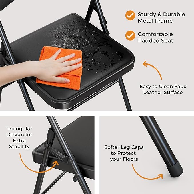 4 Pack Leather Chair | Foldable & Stackable | 350 lbs Capacity Steel Frame Seats for Indoor or Outdoor | Commercial Use Events Wedding Party Events Bulk Picnic Kitchen Dining - Black