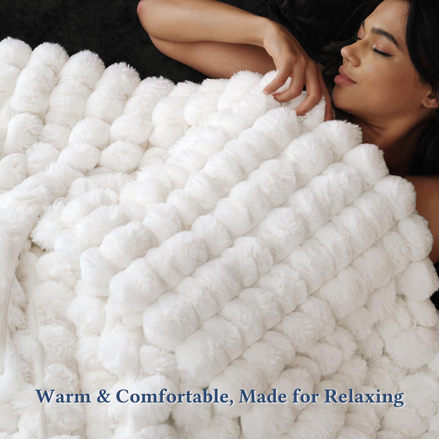 David's Home Double-Sided Faux Rabbit Fur Throw Blanket, Reversible Luxury Soft Thick Shaggy Warm Fuzzy Bubble for Couch, Bed, Cozy Plush Fluffy Decor for Fall Winter,Snow White,50 "* 60"