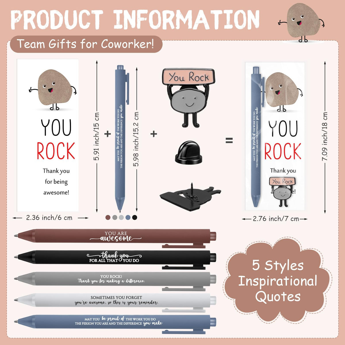 Sayglossy 24 Sets Employee Appreciation Funny Gift Motivational You Rock Gifts Bulk Ballpoint Pens Inspirational Cards Brooch Pin Organza Bags Inspirational Gift for Coworker Staff