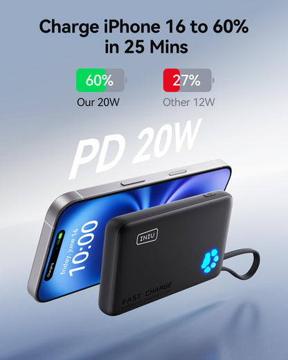 INIU 45W Portable Charger, 10000mAh Built-in USB C Cable Fast Charging Power Bank, Small Type C Battery Pack, Powerbank for iPhone 17 16 15 14, iPad, Samsung S25 S24 etc. Travel Camping Essentials