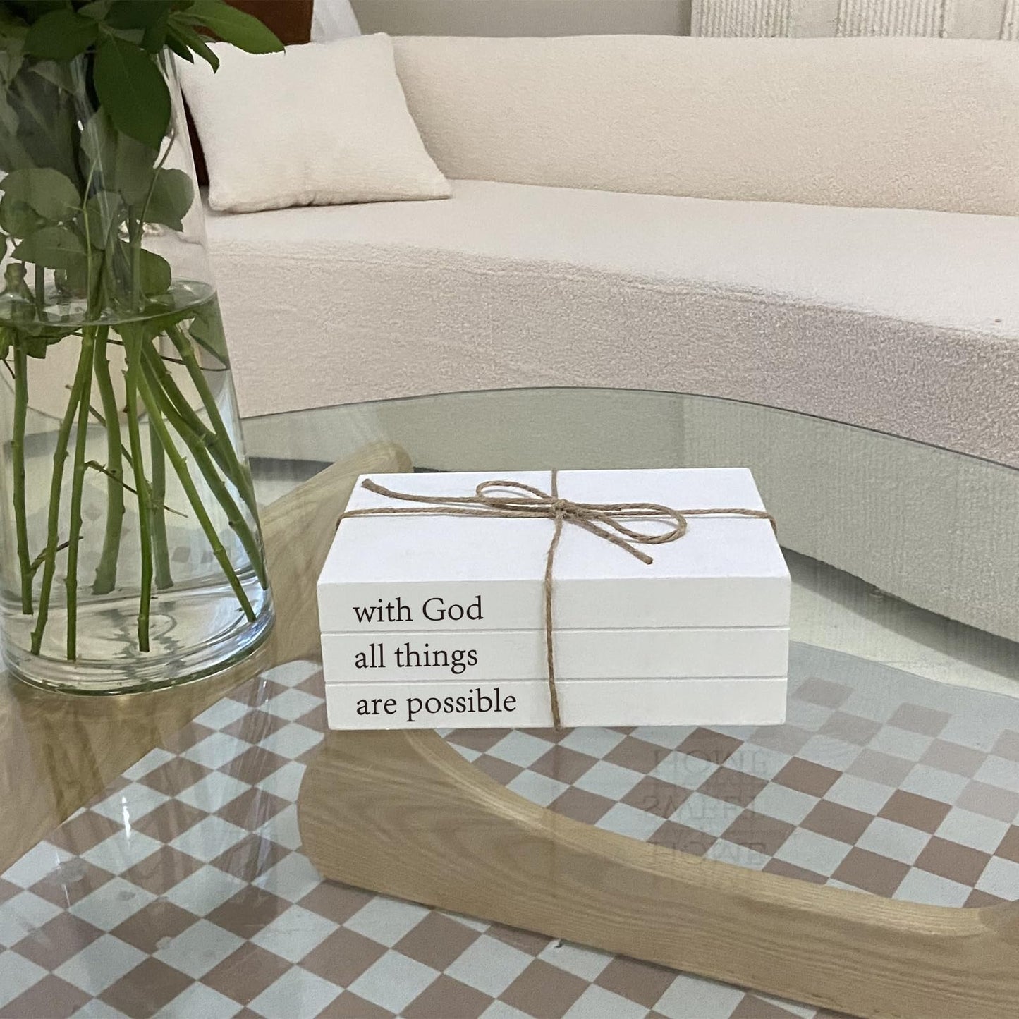Decorative Books for Home Decor, White Faux Books for Decoration, Rustic Farmhouse Stacked Display Books (with God All Things are Possible)
