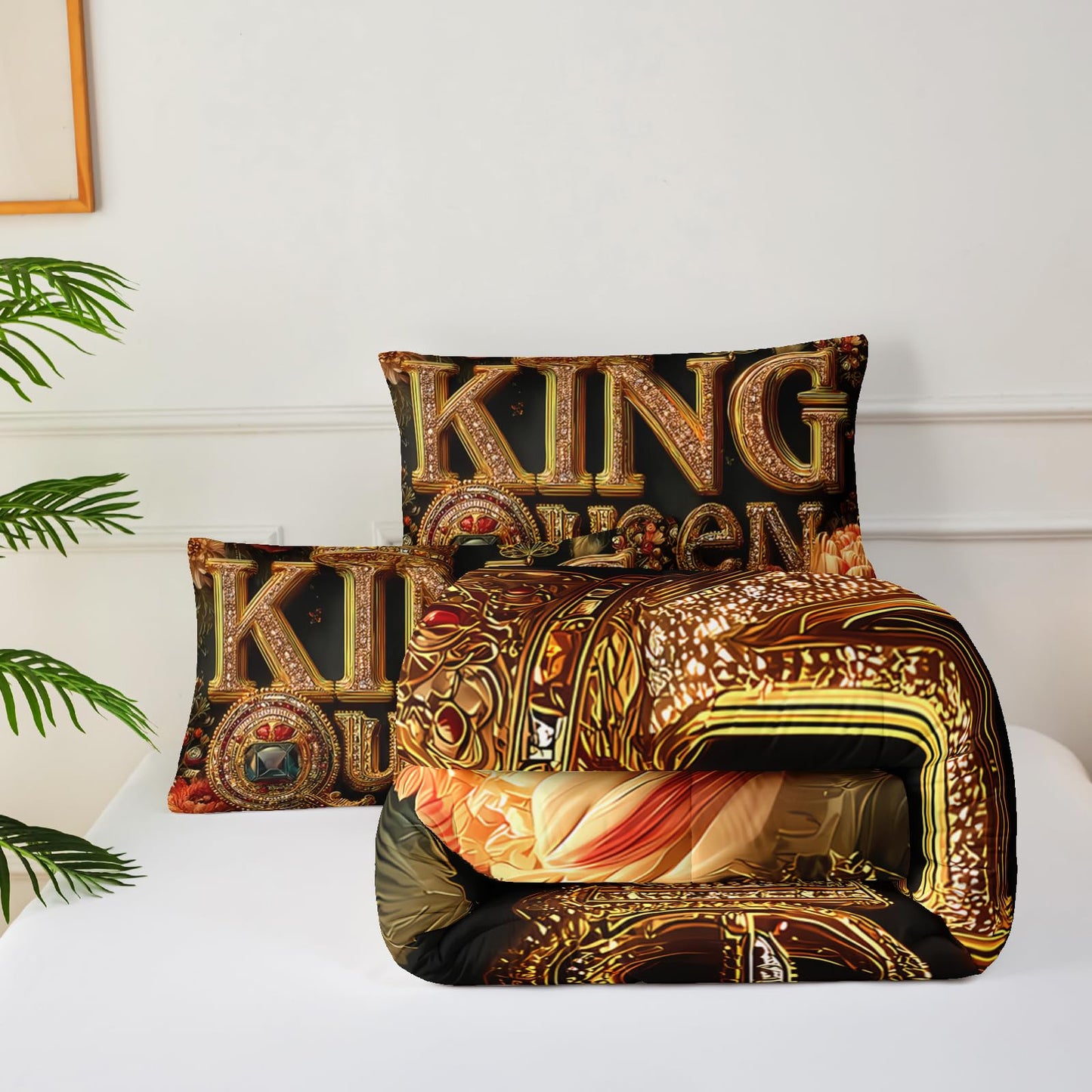 lneffble King and Queen Comforter Set Black and Gold，King and Queen Bedding Set，Red Floral Quilt Set Twin Size，with 1 Comforter with 2 Pillow Case
