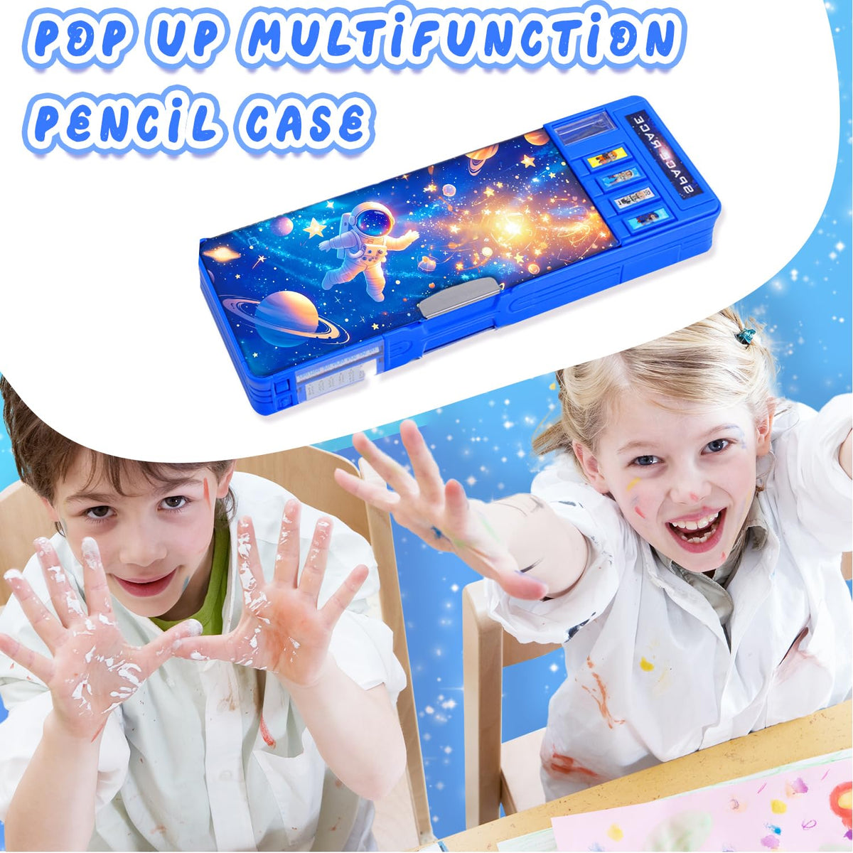 LilyBeauty Pop Up Multifunction Pencil Case for Girls and Boys, Cute Cartoon Pen Box Organizer Stationery, Sharpener, Schedule, Whiteboard, School Supplies, Best Gifts for Kids (Blue Space)