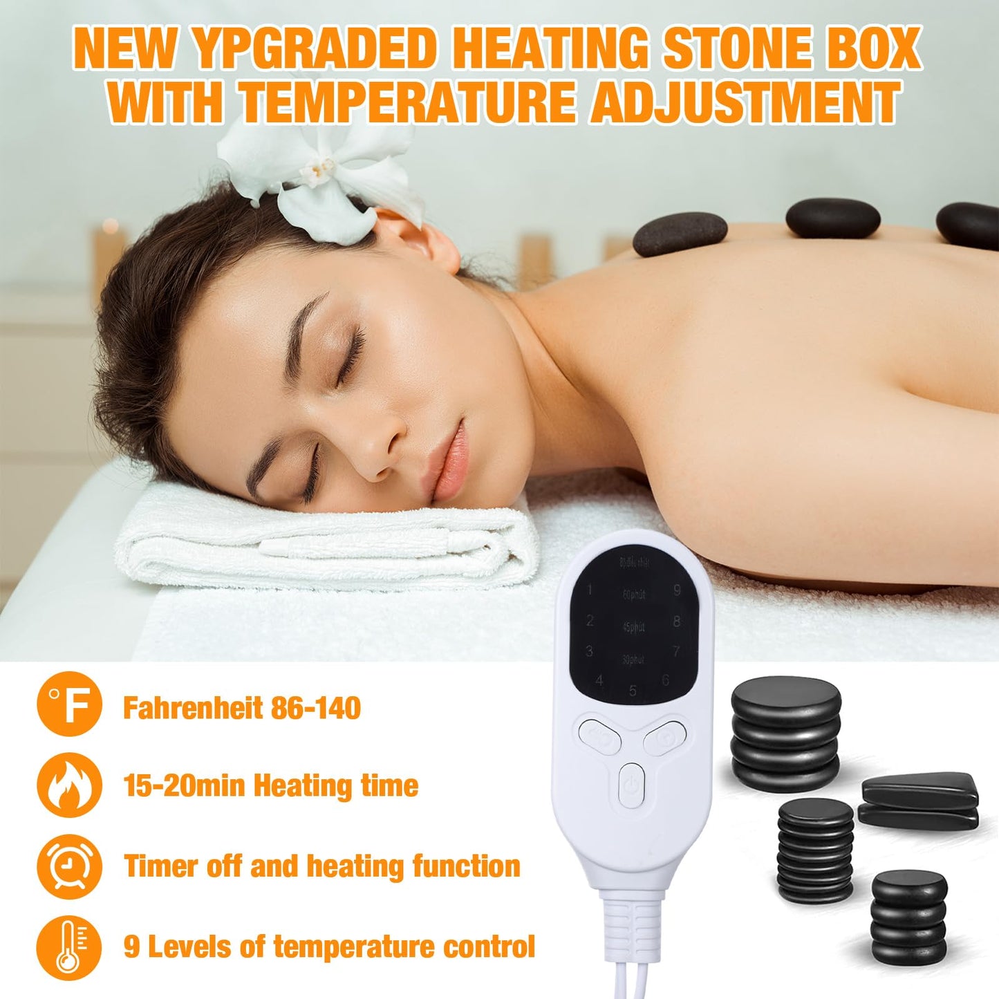 Yunsailing 18 Pcs Hot Stones Massage Set with Electric Heater Box 110v Basalt Massage Rock Kit for Professional Home Spa Warming Relaxing Relief, Constant 50°c (122°f)(Adjustable Temperature)
