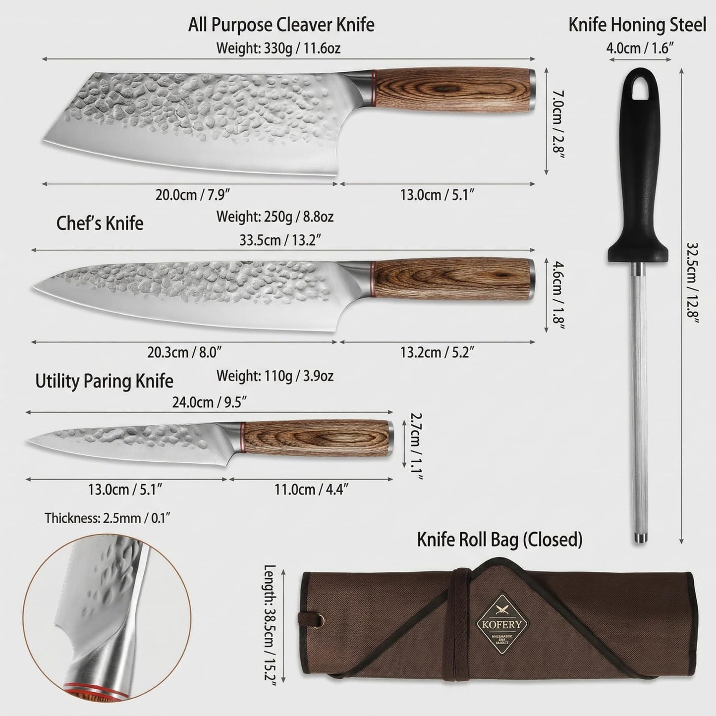 KOFERY 5 Piece Chef Knife Set, High Carbon Stainless Steel Kitchen Knives, Hand Forged Hammered Blades for Meat Cutting and Culinary School, Travel Pouch, Roll Bag, Honing Steel, Block Not Included