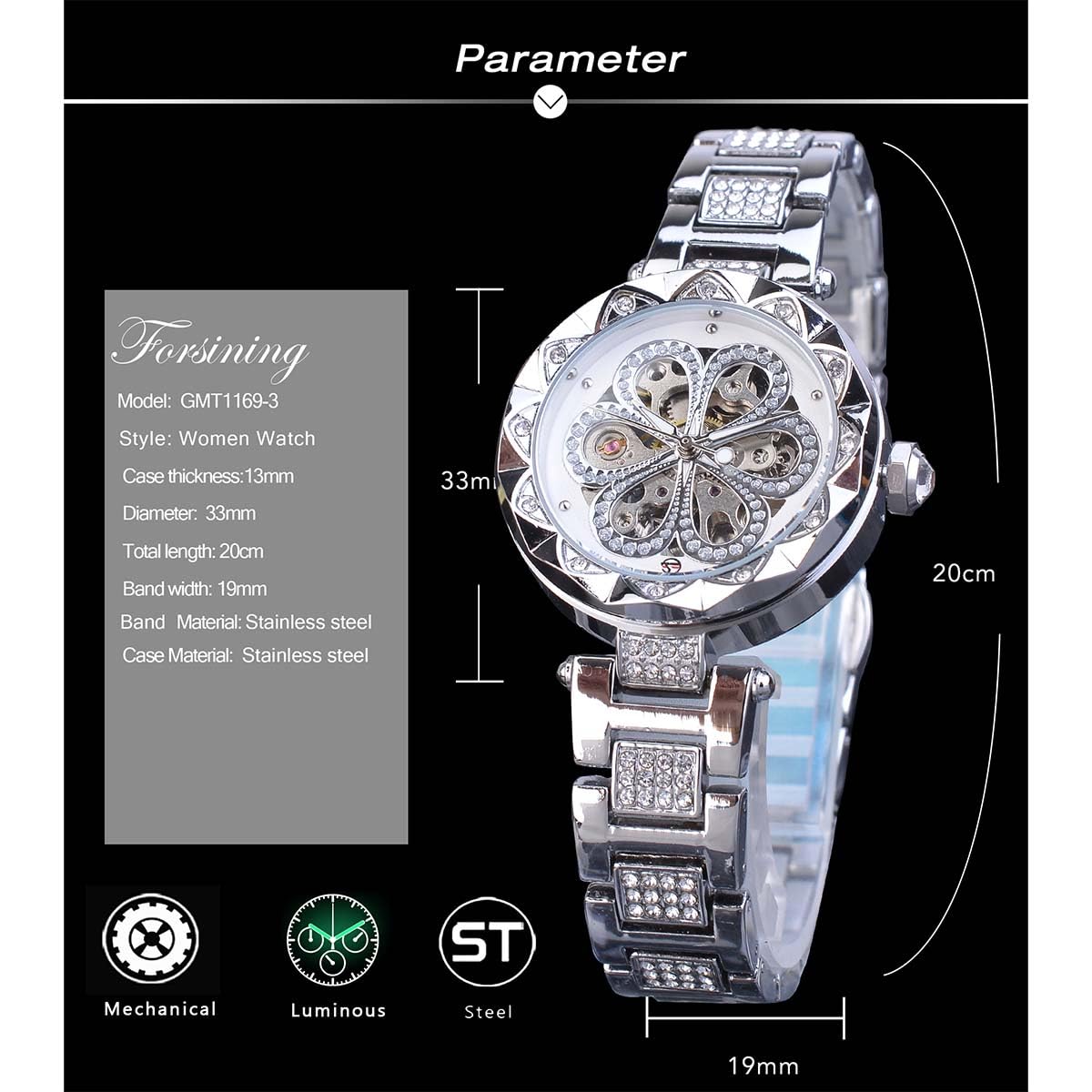 FORSINING Women Automatic Mechanical Watches Skeleton Steampunk Watch with Diamond and Carving Flower Craft Cold Watch for Women Minimalist Retro Design Mechanical Skeleton Wrist Watch Transparent