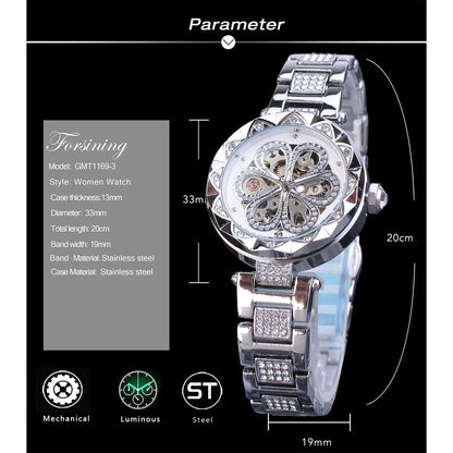 FORSINING Women Automatic Mechanical Watches Skeleton Steampunk Watch with Diamond and Carving Flower Craft Cold Watch for Women Minimalist Retro Design Mechanical Skeleton Wrist Watch Transparent