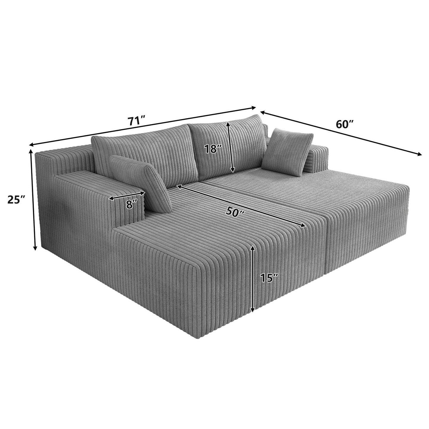 KEIKI 71" L Oversized Double Lounge Chaise Indoor, Corduroy Deep Seat Sectional Modular Couch Sleeper Loveseat Chair, Boneless Upholstered Reading Lazy Cloud Plush Sofa Bed for Living Room, Bedroom