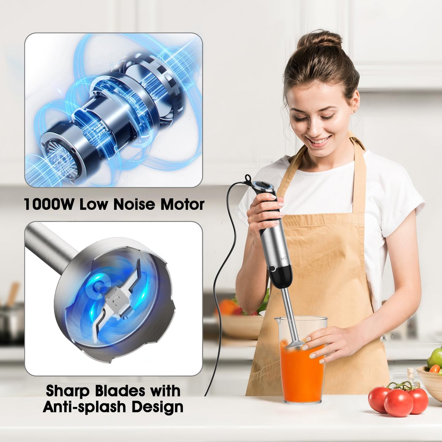 KOIOS 5-in-1 Hand Immersion Blender, 1000W 12 Speed Handheld Blender Stick with Copper Motor Stainless Steel Blade, 600ml Mixing Beaker,500ml Food Processor, Whisk, Milk Frother, Non-BPA, Red