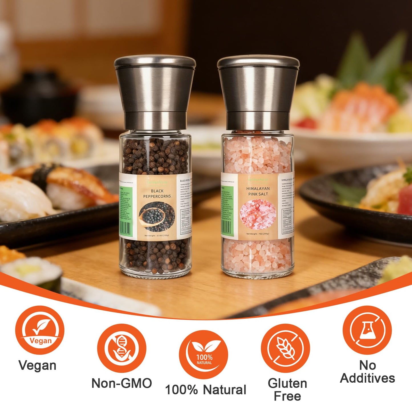 GoldenAnise Stainless Steel Salt and Pepper Grinder Set of 2 - Pre-filled with 3.5oz Black Peppercorns & 7oz Himalayan Pink Salt - Adjustable Ceramic Sea Salt & Pepper Mills, Glass Shakers for Kitchen