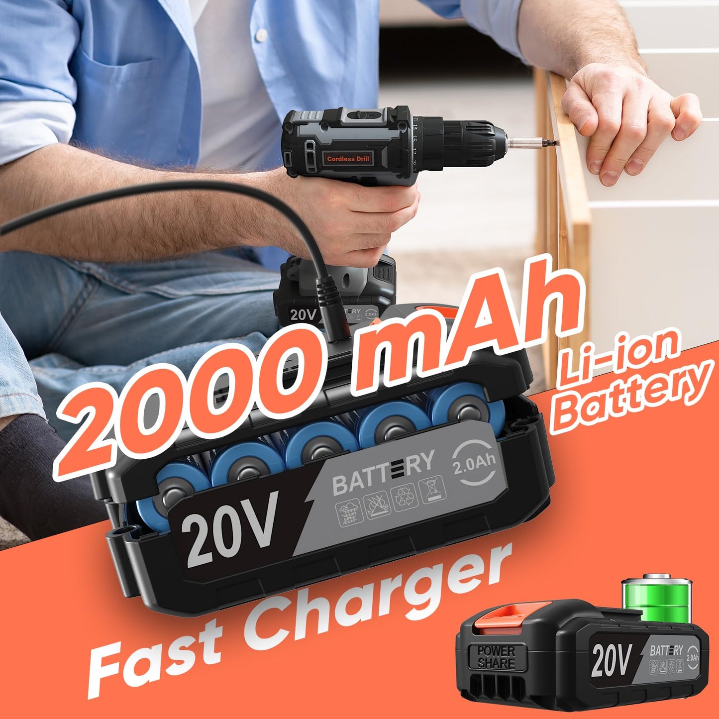 VIWKO Cordless Drill, 20V Electric Combi Drill Set with 86 Accessories, 2.0Ah Rechargeable Battery Hand Drills, Electric Screwdriver 370 in-lb 25+1 Torque 2 Speed, Power Tools for DIY & Home Projects