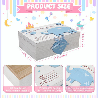 Soaoo 3D Wooden Baby Boys Memories Keepsake Box Baby Girls Elephant First Keepsake Box New Parent Newborn Baptismal Birthday Gift for Mementos 11.81'' x 7.87'' x 3.94''(Blue)