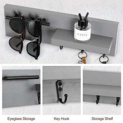 Lucundm Key Holder for Wall, Decorative Entryway Shelf with Hooks Holds Keys, Dog Leash, Sunglasses – Key Hanger with 3 Hooks Organizes, Enhances Home Decor (15” x 4.5” x 2.6”) (Grey)