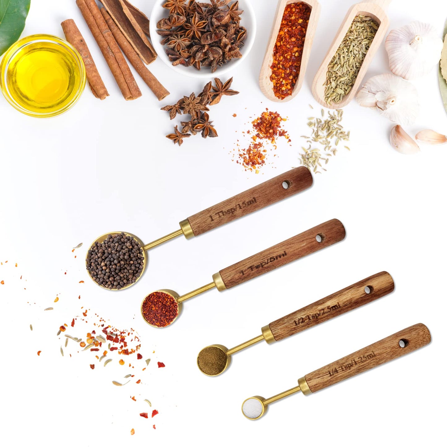 Zalaxt Gold Measuring Cups and Spoons Set with Fragrant Wood Handle, Measuring Cups, Metal Measuring Spoons and Measuring Cup Set for Cooking & Baking, Set of 8 pcs